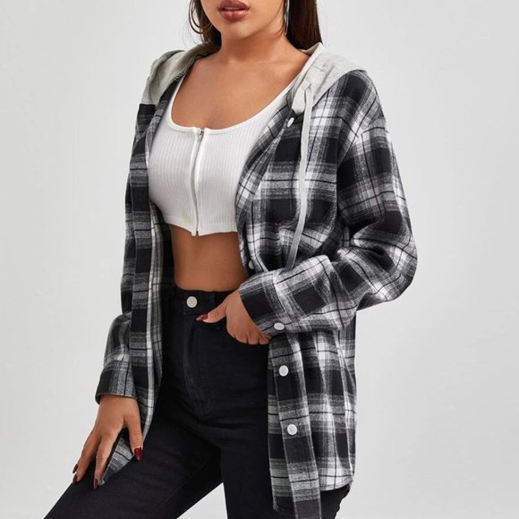 Grey & Black Hooded Plaid Button Up - Picture 1 of 6